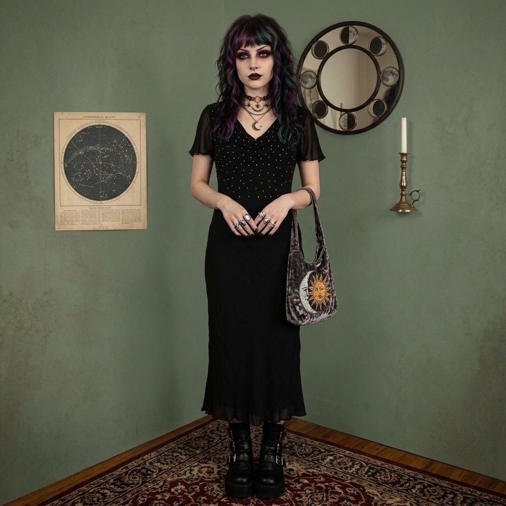 Eva Blue Black Cowl Neck Flutter Sleeve Dress 12 Whimsigoth Witchy Grunge Y2K
